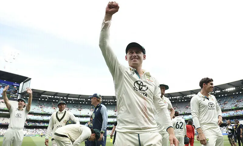 Australia's Marnus Labuschagne celebrates after Australia won the match on day five of the fourth cricket Test match between Australia and India at the Melbourne Cricket Ground (MCG) in Melbourne on December 30, 2024. &mdash; AFP