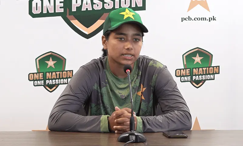 Pakistan women’s captain Fatima Sana addressing a press conference at the National Stadium in Karachi on Sunday. — PCB Pakistan women’s captain Fatima Sana addressing a press conference at the National Stadium in Karachi on Sunday. — PCB