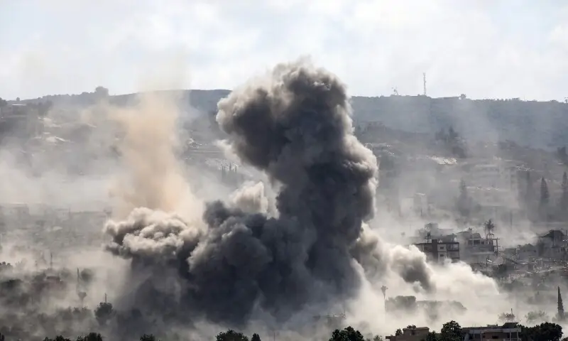 A photograph taken from the southern Lebanese village of al-Haniyya shows smoke as it rises from the site of an Israeli airstrike that targeted the southern Lebanese of al-Mansouri on September 7, 2026. &mdash;AFP