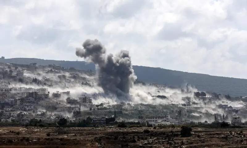 A photograph taken from the southern Lebanese village of al-Haniyya shows smoke as it rises from the site of an Israeli airstrike that targeted the southern Lebanese of al-Mansouri on September 7, 2026. &mdash;AFP