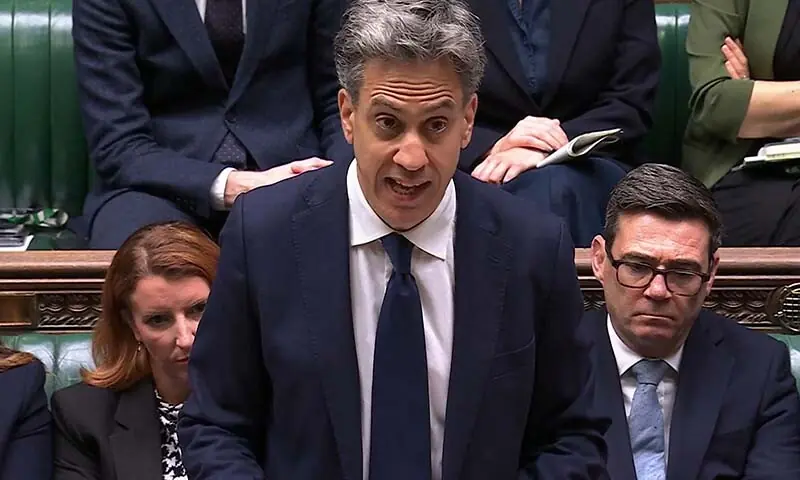 In this video grab taken from footage broadcast by the UK Parliamentary Recording Unit (PRU) via the Parliament TV website in the House of Commons on September 8, 2026, Britain's Foreign Secretary Ed Miliband delivers a speech on an import ban of goods from illegal settlements in occupied Palestinian territories. &mdash; AFP