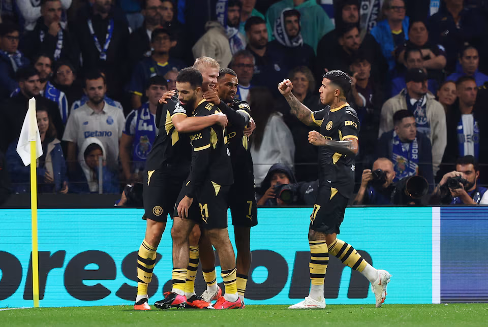 Manchester City's Erling Haaland celebrates scoring their second goal against Porto with team-mates in Porto, Portugal on September 8, 2026.--Reuters
