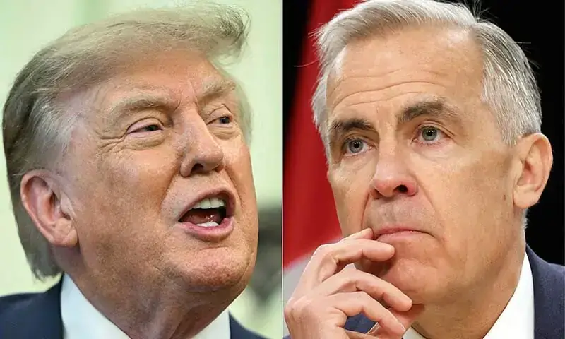 This combination of pictures created on August 24, 2026 shows US President Donald Trump in the Oval Office of the White House in Washington, DC, on August 10, 2026, and Canadian Prime Minister Mark Carney in Ottawa, Canada on June 25. &mdash; AFP/File