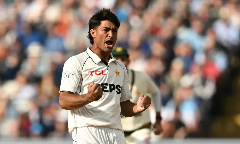 Pakistan pacer Razaullah celebrates after dismissing England captain Joe Root (not pictured) during their third Test at Edgbaston in Birmingham on September 9, 2026.--AFP