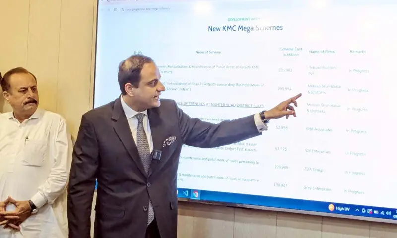 Mayor Murtaza Wahab explains the project at the press conference.—Dawn Mayor Murtaza Wahab explains the project at the press conference.—Dawn