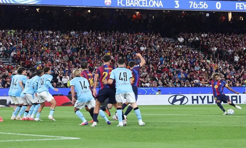 Barcelona's Lamine Yamal (R) scores from a free kick against Feyenoord during their Champions League match at Camp Nou in Barcelona on September 9, 2026. —AFP Barcelona's Lamine Yamal (R) scores from a free kick against Feyenoord during their Champions League match at Camp Nou in Barcelona on September 9, 2026. —AFP