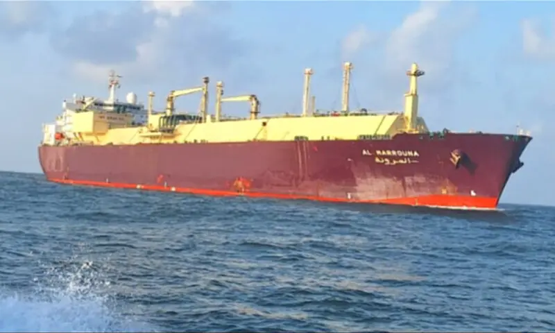 Al Marrouna, carrying 82,000 tonnes of liquefied natural gas, is seen anchored near the Engro LNG Terminal on Thursday.—Courtesy PQA Al Marrouna, carrying 82,000 tonnes of liquefied natural gas, is seen anchored near the Engro LNG Terminal on Thursday.—Courtesy PQA