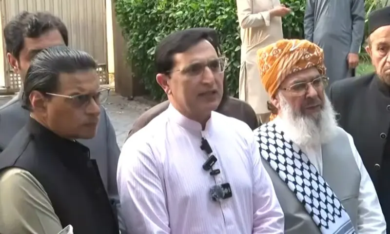 PTI leaders Salman Akram Raja, Barrister Gohar Ali Khan and JUI-F's Molana Abdul Ghafoor Haideri speak to the media on Sept 11. — DawnNewsTV PTI leaders Salman Akram Raja, Barrister Gohar Ali Khan and JUI-F's Molana Abdul Ghafoor Haideri speak to the media on Sept 11. — DawnNewsTV