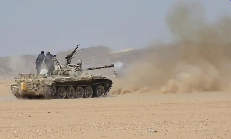Yemeni government forces fire a tank during what they say to be clashes with Houthi rebels in a location given as near Al-Hazm, Yemen, in this screengrab obtained from a handout video released September 9, 2026. &mdash; Reuters