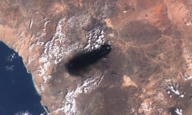 A satellite image shows black smoke rising from an area of Saudi Arabia&rsquo;s East-West oil pipeline south of Medina, Hejaz Region, Saudi Arabia on September 10, 2026. &mdash; Reuters