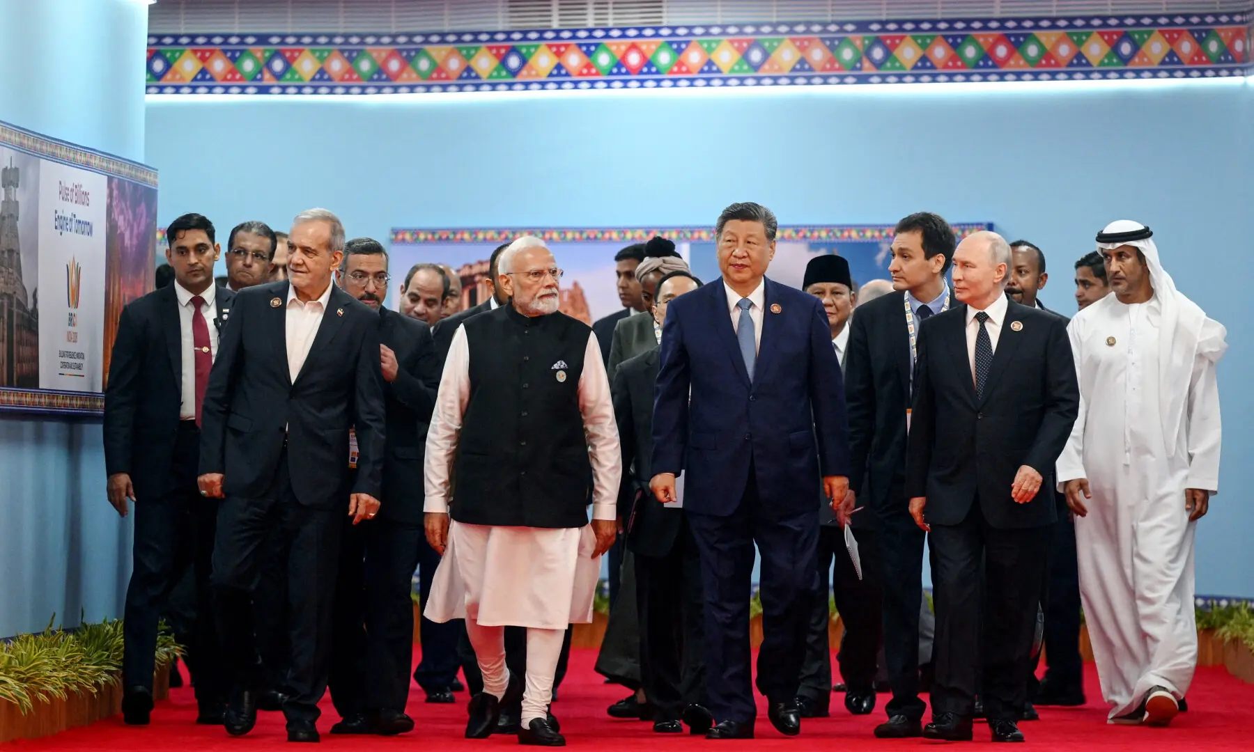 Participants, including Russia&rsquo;s President Vladimir Putin, China&rsquo;s President Xi Jinping, India&rsquo;s Prime Minister Narendra Modi and Iran&rsquo;s President Masoud Pezeshkian, walk during the BRICS summit in New Delhi, India, September 12, 2026. &mdash; Sputnik via Reuters