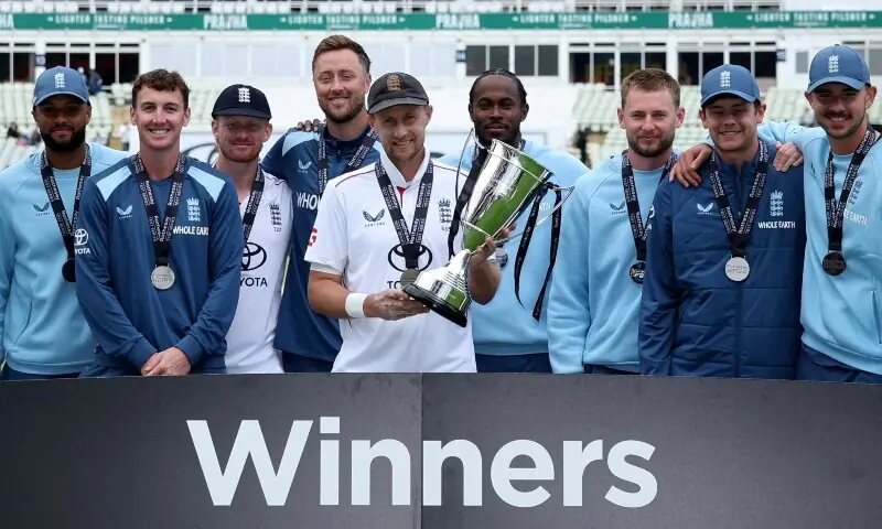 England's Joe Root celebrates winning the Test series against Pakistan with the trophy and his teammates at Edgbaston, Birmingham, England on September 12, 2026. — Reuters England's Joe Root celebrates winning the Test series against Pakistan with the trophy and his teammates at Edgbaston, Birmingham, England on September 12, 2026. — Reuters