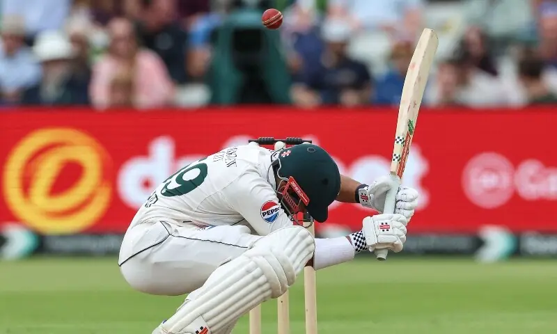Pakistan’s Saud Shakeel ducks under a bouncer from England’s bowler Jofra Archer on day three of the third Test match between England and Pakistan at Edgbaston cricket ground in Birmingham, central England on September 11, 2026. — AFP