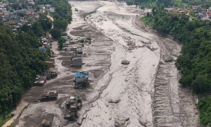 A drone view shows mud covering properties following a flash flood at Trishuli in Nuwakot district, Nepal, August 26, 2026 | Reuters