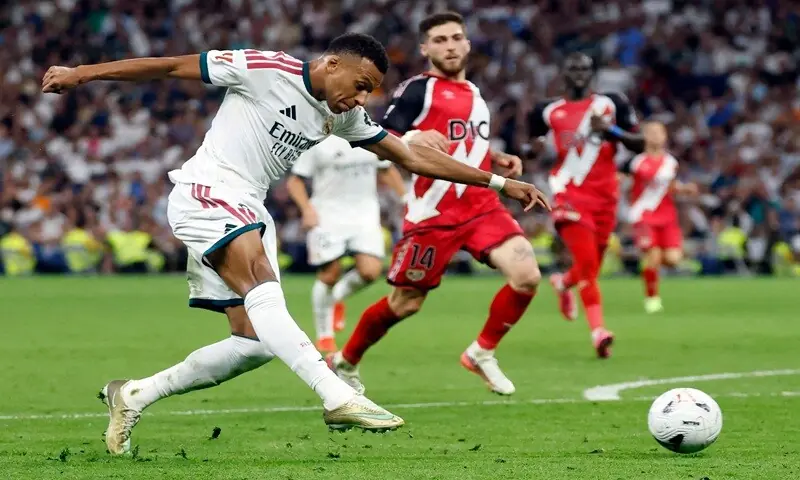 Real Madrid's Kylian Mbappe shoots to score against Rayo Vallecano during their La Liga match at the Santiago Bernabeu Stadium in Madrid on September 12, 2026. &mdash;AFP