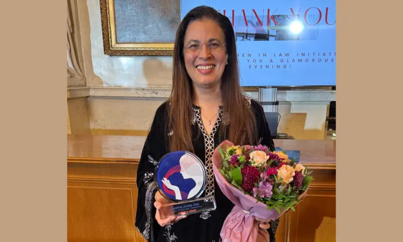 Justice Ayesha Malik at the Justitia Awards 2026 Gala held in Vienna, Austria. — via X/WomenInLawPk Justice Ayesha Malik at the Justitia Awards 2026 Gala held in Vienna, Austria. — via X/WomenInLawPk
