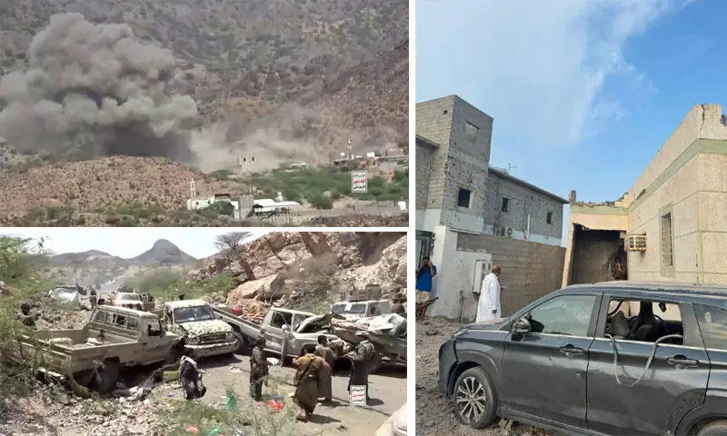 (CLOCKWISE from top left) Footage released by the Ansarullah Media Centre shows smoke rising in the distance as Saudi forces and Houthi fighters continue pitched battles; people inspect the damage in the aftermath of a projectile launched on the Saudi city of Jazan; and Houthi fighters gather near damaged military vehicles of Saudi-backed forces.—AFP / Reuters (CLOCKWISE from top left) Footage released by the Ansarullah Media Centre shows smoke rising in the distance as Saudi forces and Houthi fighters continue pitched battles; people inspect the damage in the aftermath of a projectile launched on the Saudi city of Jazan; and Houthi fighters gather near damaged military vehicles of Saudi-backed forces.—AFP / Reuters