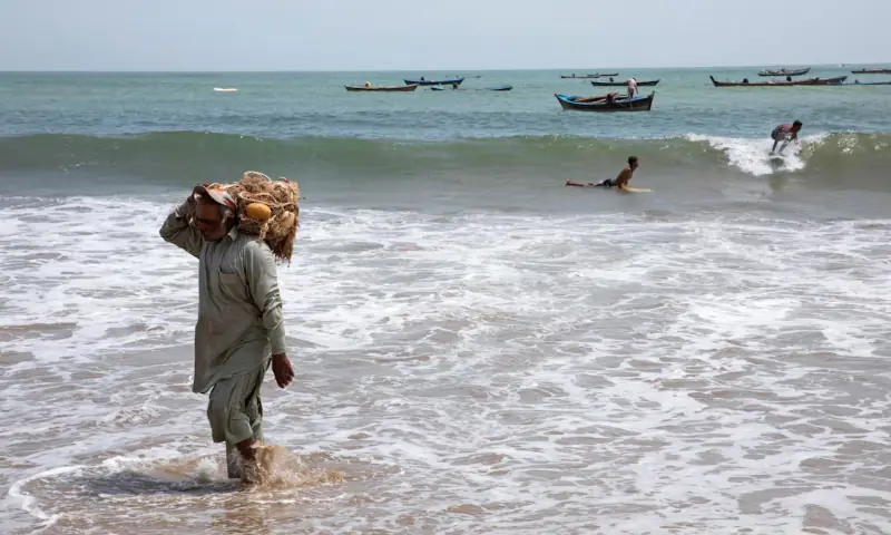 A fisherman walks out of the water carrying his fishing net, as people surf in the background, at Turtle Beach in Karachi, on Sept 4, 2024. &mdash; Reuters/File