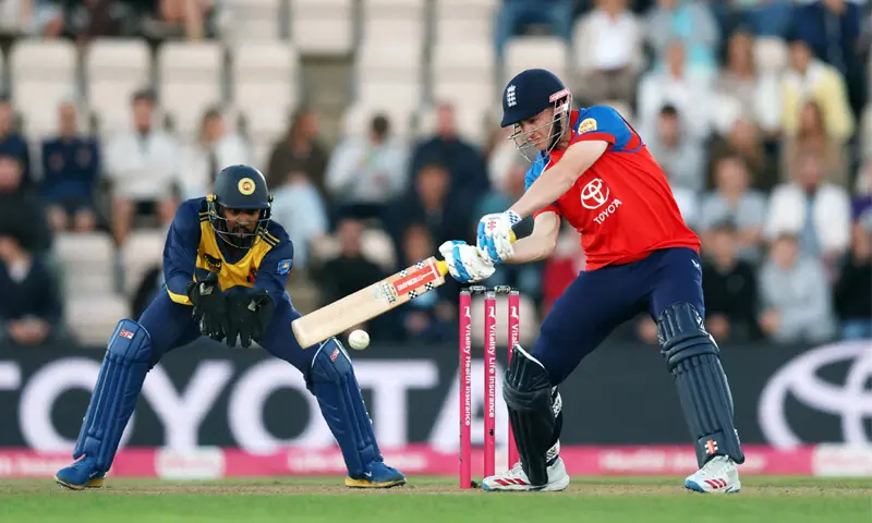 England captain Harry Brook plays a shot during the first Twenty20 International against Sri Lanka at Utilita Bowl.&mdash;Reuters