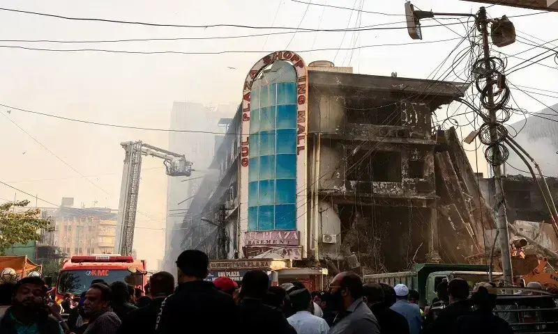 A general view shows the aftermath of a massive fire that broke out in the Gul Plaza Shopping Mall in Karachi, Pakistan. &mdash; Reuters