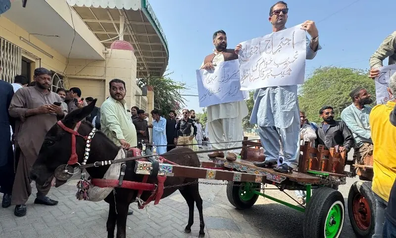 PTI members arrive at Sindh Assembly on donkey carts in protest against fuel price hikes on September 17, 2026. &mdash;Photo via author