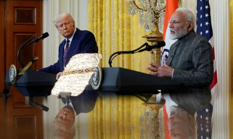 US President Donald Trump and Indian Prime Minister Narendra Modi are pictured in a mirror as they attend a joint press conference at the White House in Washington, DC, US on February 13, 2025. —Reuters/File US President Donald Trump and Indian Prime Minister Narendra Modi are pictured in a mirror as they attend a joint press conference at the White House in Washington, DC, US on February 13, 2025. —Reuters/File