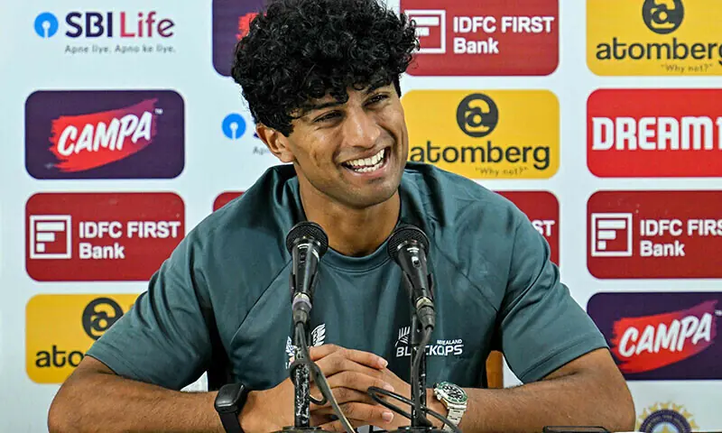New Zealand&rsquo;s Rachin Ravindra addresses a press conference ahead of their first Test cricket match against India at the M Chinnaswamy Stadium in Bengaluru on October 14. &mdash; AFP