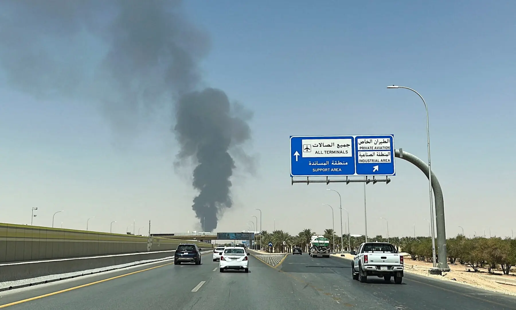 Large plume of black smoke rises from the fuel storage depot at King Khalid International Airport, in Riyadh, Saudi Arabia on Sept 19, 2026. &mdash; Reuters