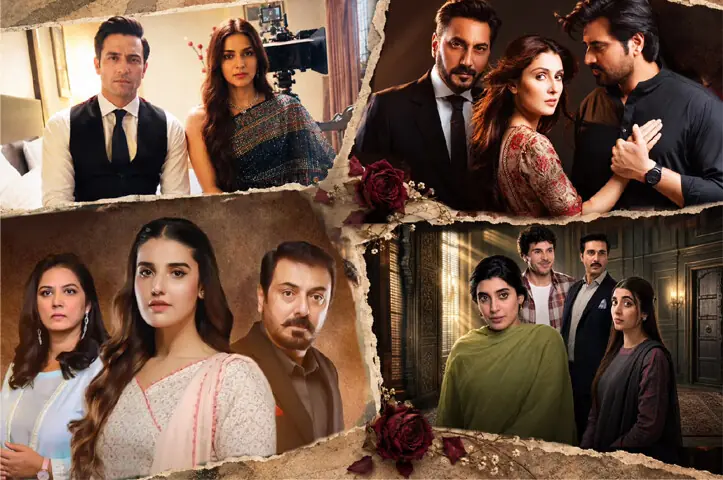 Clockwise from top left: Kabhi Main Kabhi Tum, Mere Pass Tum Ho, Aap Ki Izzat and Bismil - Illustration by Sarah Durrani