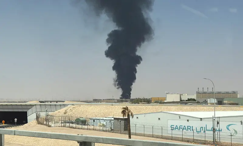 Large plume of black smoke rises from the fuel storage area at King Khalid International Airport, in Riyadh, Saudi Arabia, on September 19, 2026. &mdash; Reuters