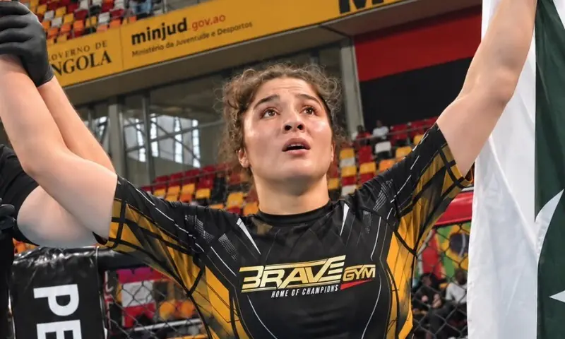 Pakistan's Manesha Ali reacts after defeating Angola&rsquo;s Leonela Isabel Blaiye in their IMMAF World Cup bout in Luanda, Angola, on September 20, 2026. &mdash;Courtesy PAKMMA Federation
