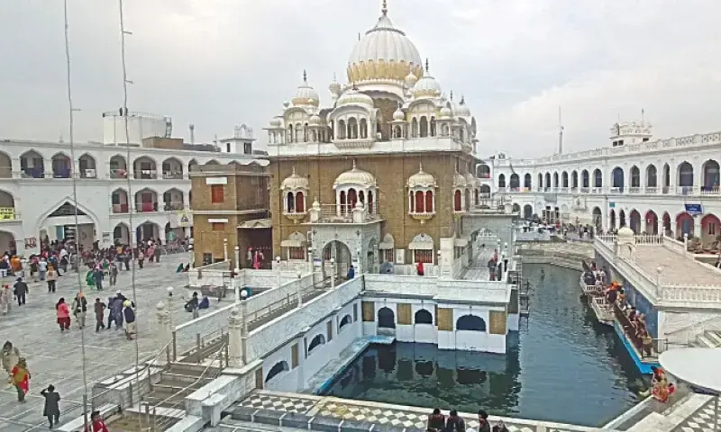 A view of Gurdwara Punja Sahib in Hassanabdal where Sikh pilgrims have gathered to celebrate the birth anniversary of Baba Guru Nanak. &mdash; Dawn/File
