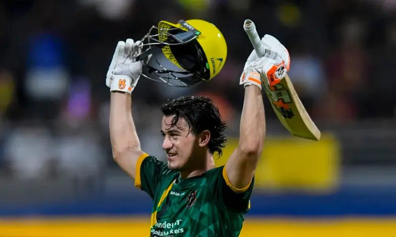 Maaz Sadaqat celebrates his century for the Jamaica Kingsmen during the CPL final on September 20, 2026.--Courtesy CPL T20. Maaz Sadaqat celebrates his century for the Jamaica Kingsmen during the CPL final on September 20, 2026.--Courtesy CPL T20.