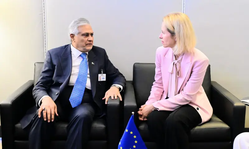 Deputy Prime Minister and Foreign Minister Ishaq Dar meets with the EU High Representative for Foreign Affairs and Security Policy Kaja Kallas on the sidelines of the 81st UN General Assembly in New York on Sep 21. &mdash; ForeignOfficePk via X