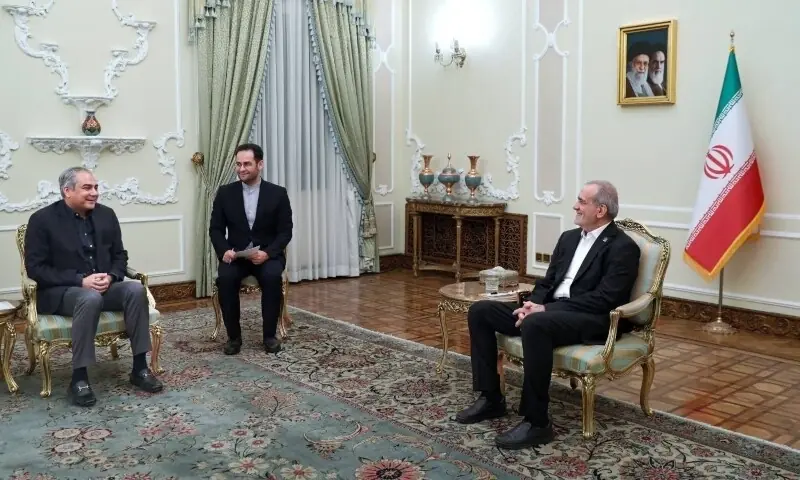 Interior Minister Mohsin Naqvi (L) meets Iranian President Masoud Pezeshkian in Tehran, Iran on September 21, 2026. -- X/@PressTV Interior Minister Mohsin Naqvi (L) meets Iranian President Masoud Pezeshkian in Tehran, Iran on September 21, 2026. -- X/@PressTV
