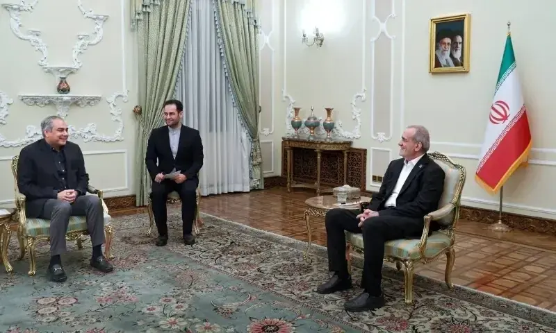 Interior Minister Mohsin Naqvi (L) meets Iranian President Masoud Pezeshkian in Tehran, Iran on September 21, 2026. -- X/@PressTV Interior Minister Mohsin Naqvi (L) meets Iranian President Masoud Pezeshkian in Tehran, Iran on September 21, 2026. -- X/@PressTV