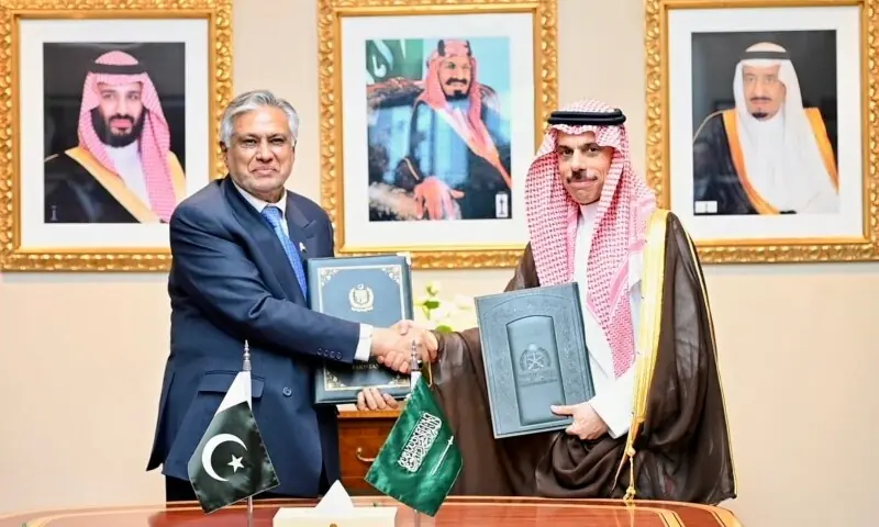 Deputy Prime Minister Ishaq Dar with Saudi Foreign Minister Prince Faisal Bin Farhan. &mdash; Photo via X/ @MIshaqDar50