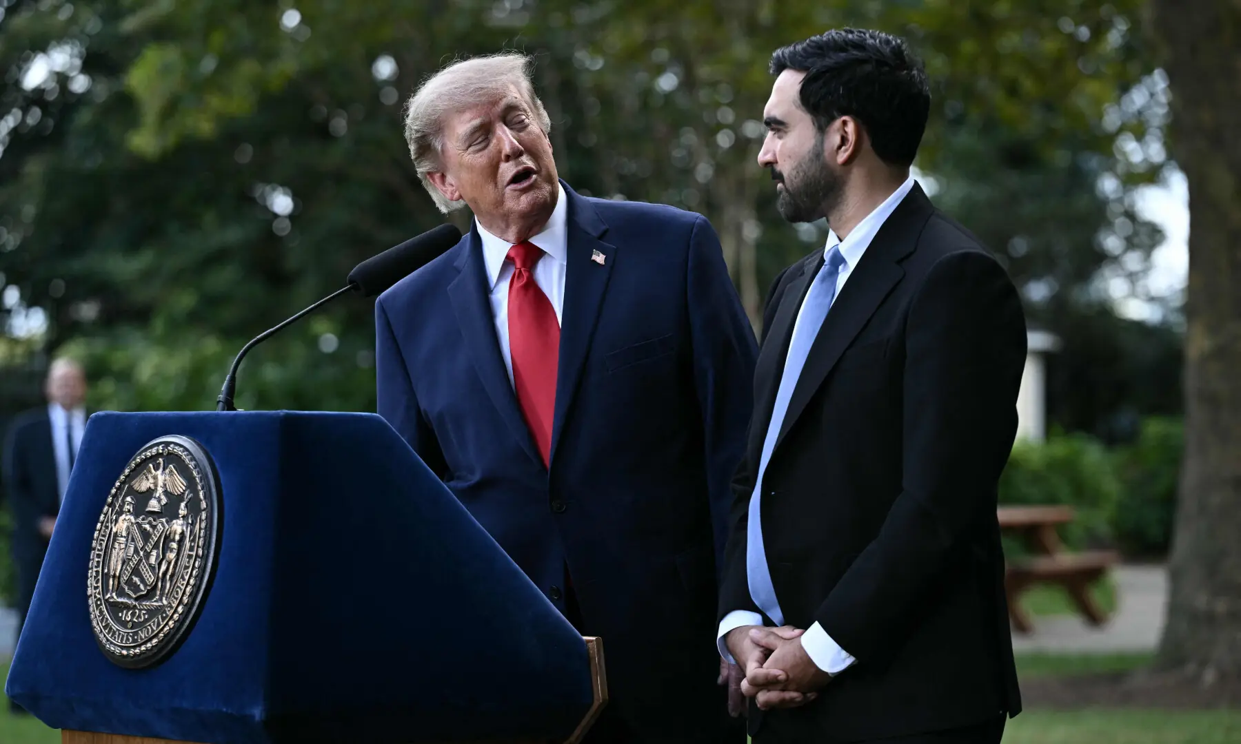 US President Donald Trump speaks with New York City Mayor Zohran Mamdani during a press conference at Gracie Mansion in New York, on Sept 21, 2026. &mdash;