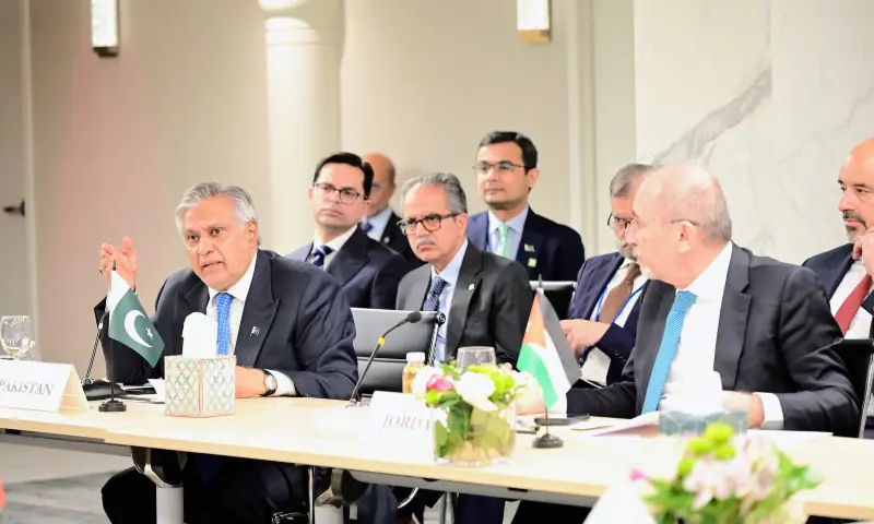 Deputy Prime Minister and Foreign Minister Ishaq Dar speaks at the Ministerial Meeting of the Group of Eight Arab-Islamic Countries in New York, on the sidelines of the UN General Assembly on Sep 22. — ForeignOfficePk via X Deputy Prime Minister and Foreign Minister Ishaq Dar speaks at the Ministerial Meeting of the Group of Eight Arab-Islamic Countries in New York, on the sidelines of the UN General Assembly on Sep 22. — ForeignOfficePk via X