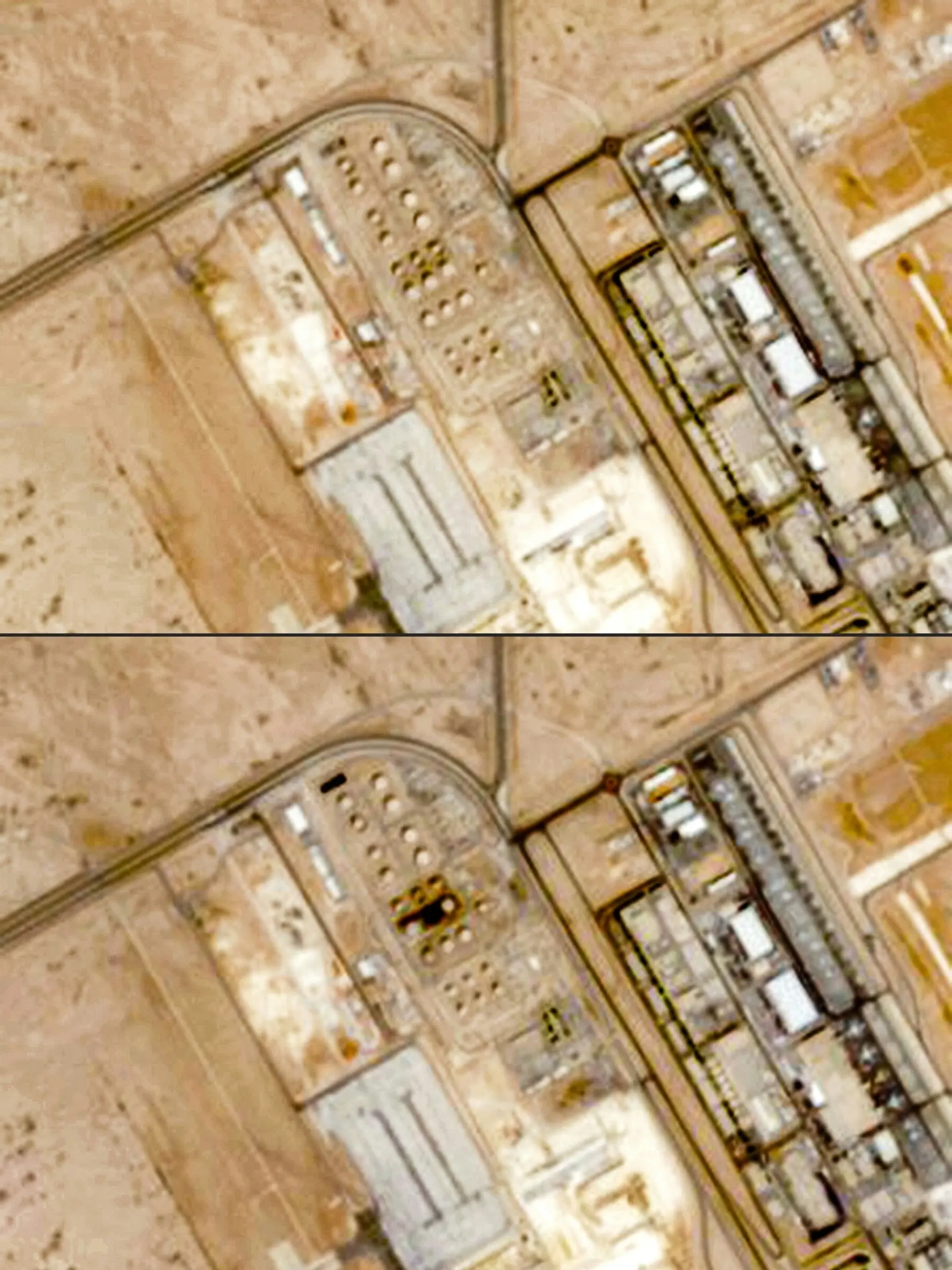 This combination of handout satellite images from Copernicus Sentinel Data taken on (top to bottom) September 16 and 21, 2026 shows Saudi Aramco Bulk fuel depots at King Khalid International Airport in Riyadh, before and after an attack. &mdash; AFP