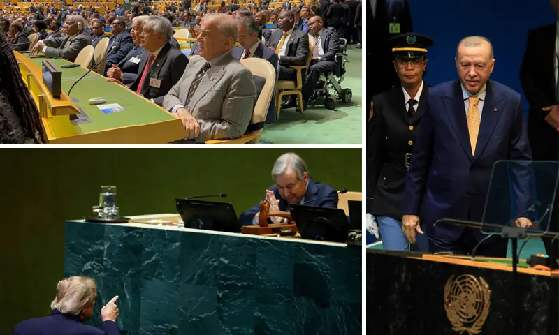 (CLOCKWISE from top left) PM Shehbaz Sharif and the Pakistani delegation listen to speeches by world leaders; Turkish President Recep Tayyip Erdogan approaches the dais; and, US President Donald Trump gestures to UN chief Antonio Guterres after his speech to the 81st session of the UN General Assembly in New York.&mdash;PM Office/Reuters/AFP