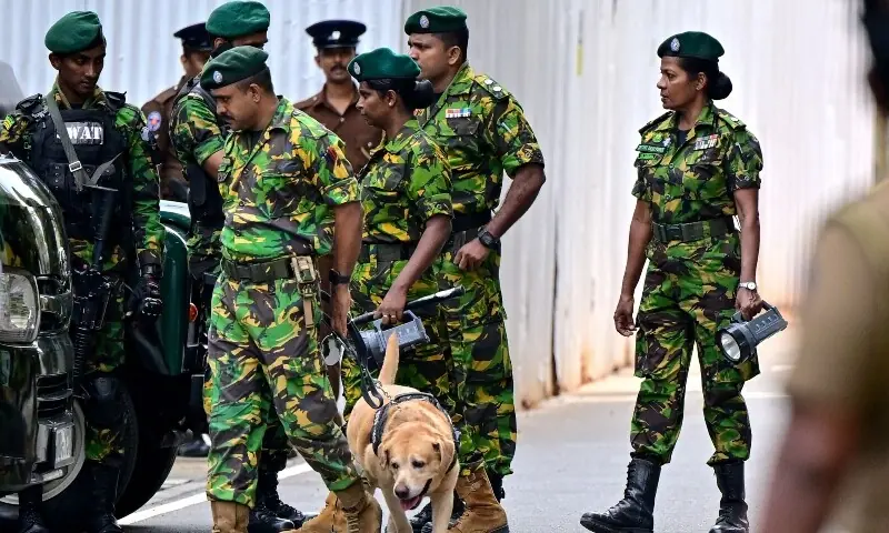 Sri Lanka&rsquo;s Special Task Force (STF) personnel stand guard during the verdict in the trial of the accused involved in the country&rsquo;s Easter Sunday attacks of 2019, outside Colombo High Court in Colombo on September 22, 2026.  &mdash;AFP