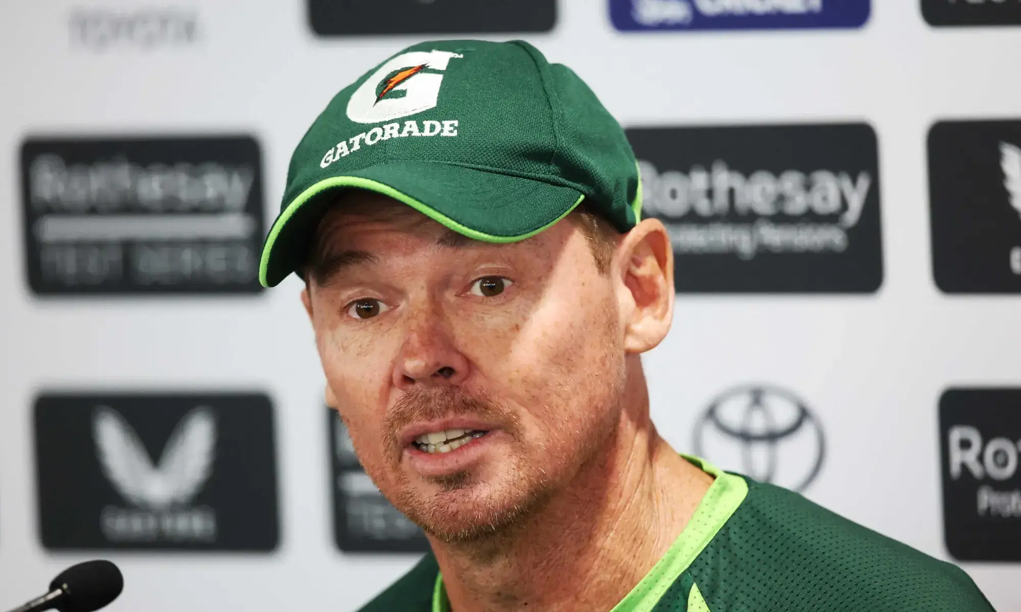 Pakistan bowling coach Ashley Noffke speaks during a press conference at Edgbaston in Birmingham on September 7, 2026.&mdash;Reuters