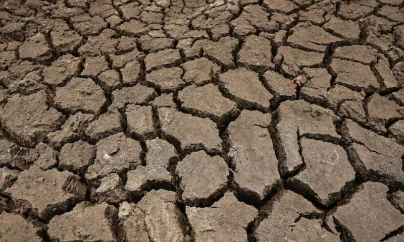 The cracked, dried-out bed of a water pond in Galwela Yaya village in Ampara district, Sri Lanka, on August 28, 2026. &mdash; Reuters
