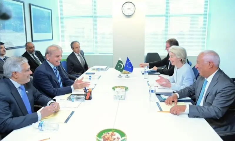 Prime Minister Shehbaz Sharif meets the President of the European Council, H.E. Mr. António Luís Santos da Costa and the President of the European Commission, H.E. Ursula Gertrud von der Leyen in New York on Thursday, Sep 24. —Photo courtesy @PakPMO/X Prime Minister Shehbaz Sharif meets the President of the European Council, H.E. Mr. António Luís Santos da Costa and the President of the European Commission, H.E. Ursula Gertrud von der Leyen in New York on Thursday, Sep 24. —Photo courtesy @PakPMO/X