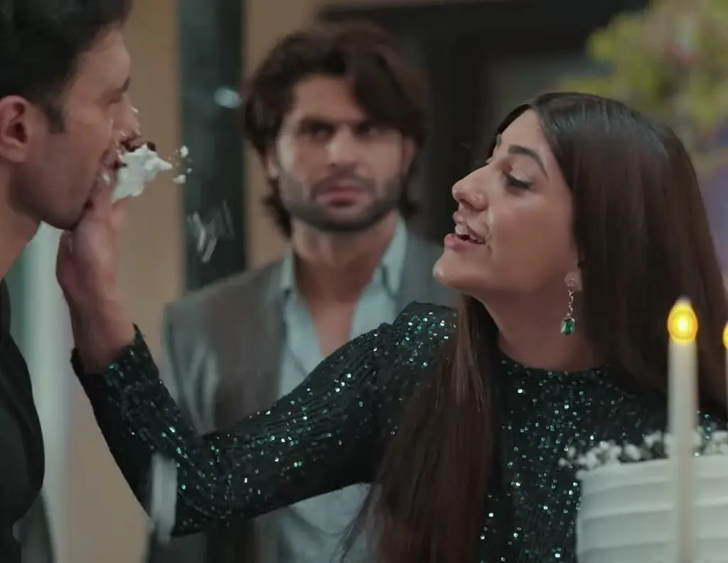  Rubab&rsquo;s (Naeema Butt) reaction after she finds out that Adeel  (Emmad Irfani) is cheating on her with her best friend Natasha  (Areej Chaudhary, below) in Kabhi Main Kabhi Tum 