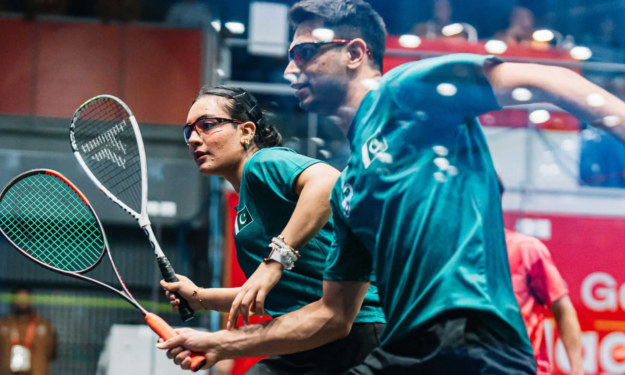 Pakistan's Asim Khan and Mehwish Ali in action during the Asian Games mixed doubles round-of-16 match against Naoki Hayashi and Erisa Sano of Japan at the Nagoya Kinjo Futo Arena in Nagoya, Japan, on September 24, 2026. &mdash;Courtesy World Squash