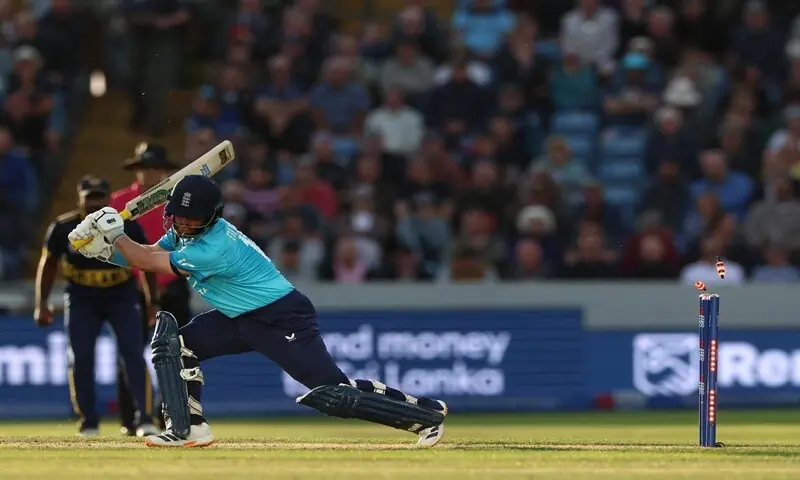 England opener Ben Duckett is cleaned up by Sri Lankan spinner Dunith Wellalage during the second One-day International at Headingly in Leeds on September 24, 2026. &mdash;AFP