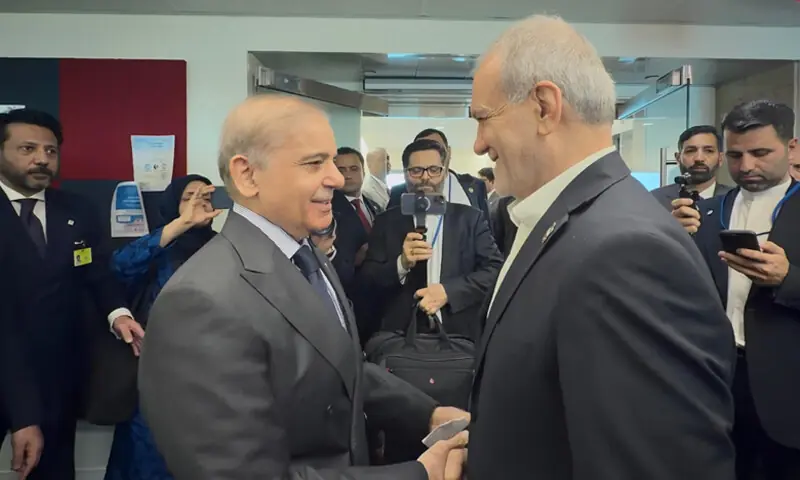 PM Shehbaz Sharif shakes hands with Iranian President Masoud Pezeshkian on the sidelines of the 81st UNGA session.—PM Office PM Shehbaz Sharif shakes hands with Iranian President Masoud Pezeshkian on the sidelines of the 81st UNGA session.—PM Office
