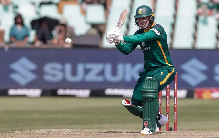 SOUTH African batter Matthew Breetzke plays a shot during the first One-day International against Australia at Kingsmead on Thursday.&mdash;AFP